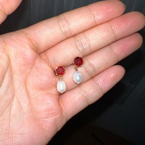 Dainty Red Zircon Freshwater Pearl Dainty Drop Stainless Steel Earrings